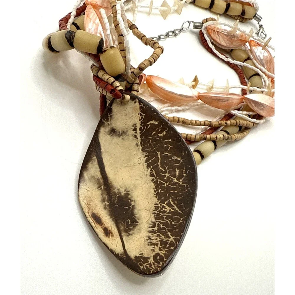 Boho Multi Strand Statement Necklace Pink Shell Beads Wood Tribal Pendant 18-20